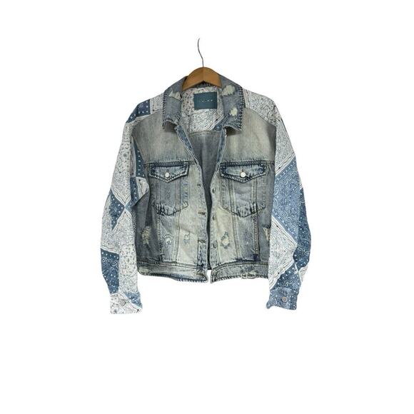 Blank NYC Bandana Blue Denim Boho Jacket ASO Tell Me Lies Womens Large - Picture 1 of 9